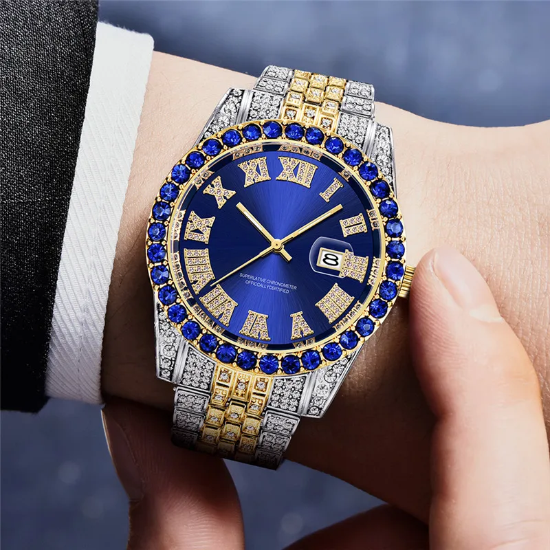 Cool Hip Hop Diamond Watches For Men Montre Fashion Alloy Band Luxury Brand Golden Date Quartz Clock Relogios Masculinos 2024 3