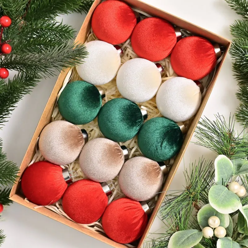 15ct Christmas Balls Tree Ornaments Flocked Christmas Tree Decorations Set Velvet Hanging Balls for Holiday Xmas Tree Decor