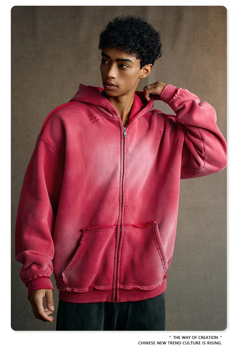 ZODF Retro Winter Men 400gsm Monkey Washed Zipper Hoodie Unisex High Street Loose Edge Ripped Distressed Hooded Pullovers HY1117