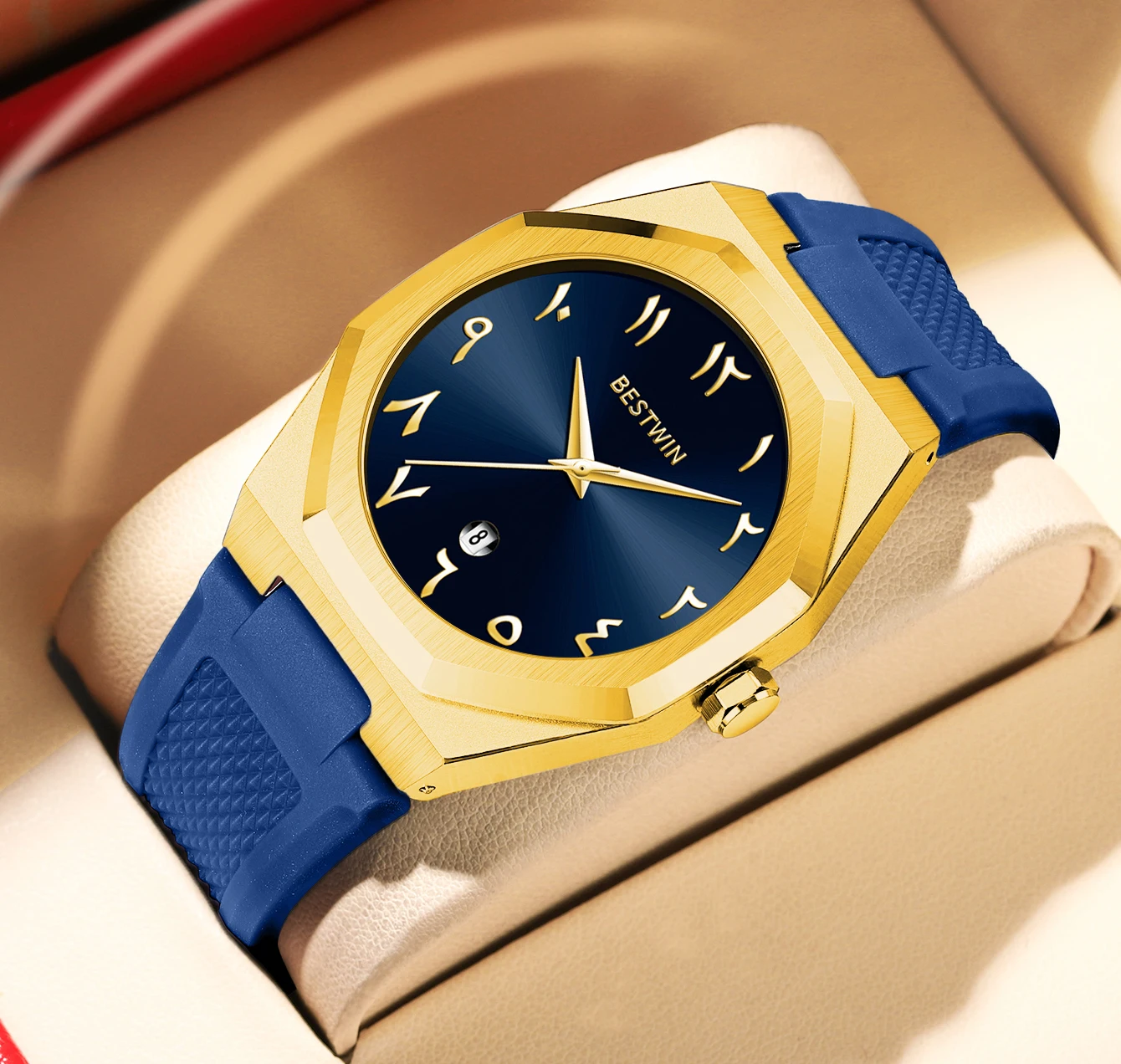 BESTWIN Fashion Luxury Arabic Men's Quartz Watch Business Casual Silicone Strap Mens Wristwatch Family Friends Birthday Gifts