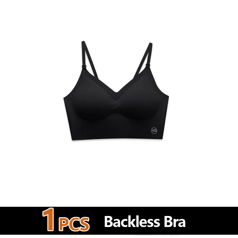 Women's Summer Sexy Backless Bra Seamless Deep U-shaped Plunge Underwear Triangle Cup Gathering Push Up Bra Sexy Lingerie Tops