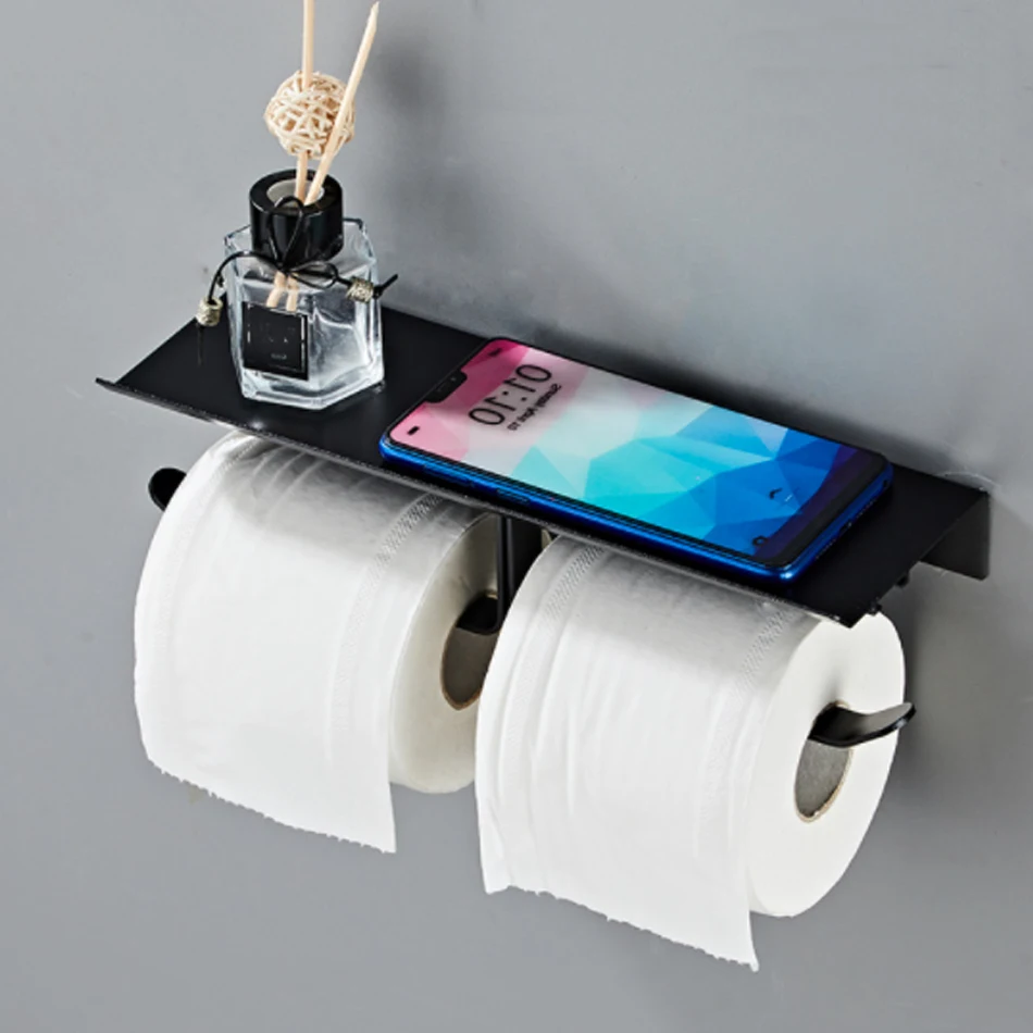 Black Double Paper Holder With Phone Shelf Aluminum Wc Paper Towel