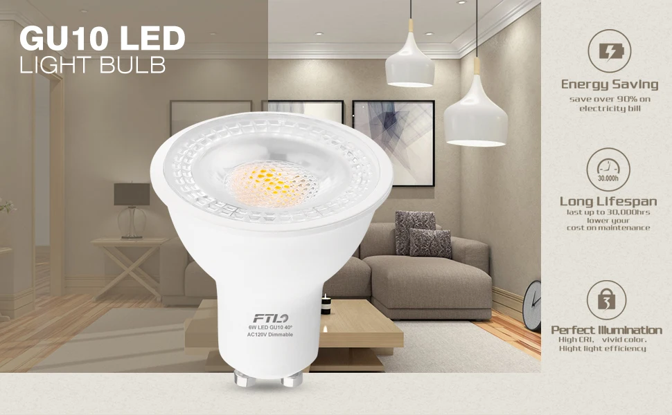 Description Picture 2 of item10-Pack GU10 LED Bulbs Dimmable 6W 600LM Spotlight 3000K Warm White, 60W Halogen Replacement, Dimmable 40 Degree