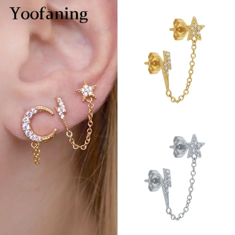 925 Sterling Silver Ear Needle Personalized Design Pave Star Lightning Chain Stud Earring Fashionable and Elegant Jewelry Gift