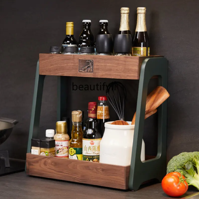 

yj Kitchen Seasoning Product Storage Rack Table Top Punch-Free Solid Wood Double-Layer Kitchen Supplies Storage Rack