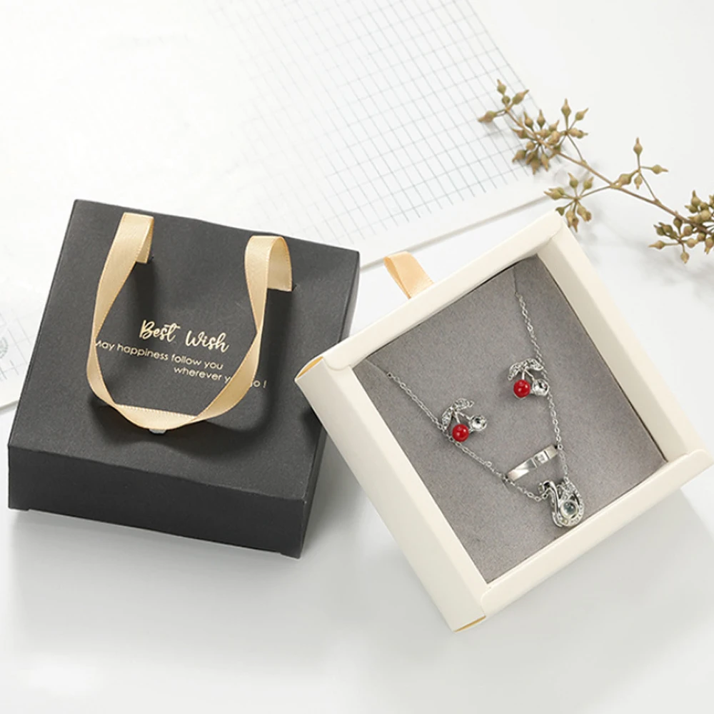 24pcs Black Jewelry Drawer Box with Gold Ribbon Handle and Grey Sponge Wedding Jewellery Container DIY Packaging Gift Organizer