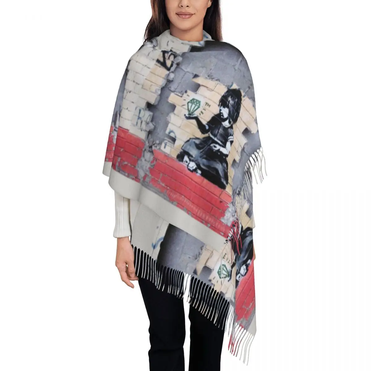 

Женский шарф с кисточками Бэнкси, Длинная зимняя теплая шаль с бриллиантами для девушек, уличное искусство, граффити, повседневная одежда, шарфы из пашмины