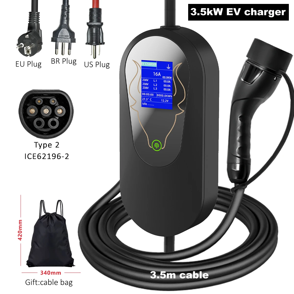 

16A 3.5KW Type2 EV Charger electric vehicle Charging Cable 3.5m Schuko EU US BR Plug Wallbox gbt Portable Electric Car Charger