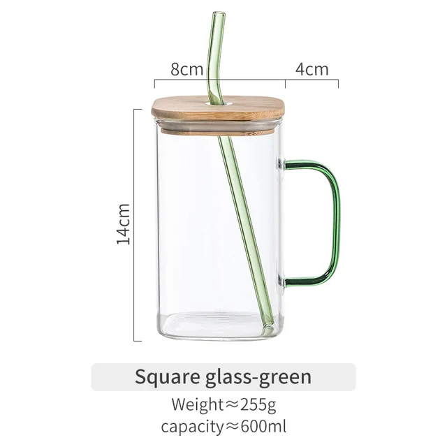 350/600ML Heat Resistant Square Glass with Lids and Straws Iced Coffee Milk  Bubble Tea Water Layer Drinking Glass Cups for Soda