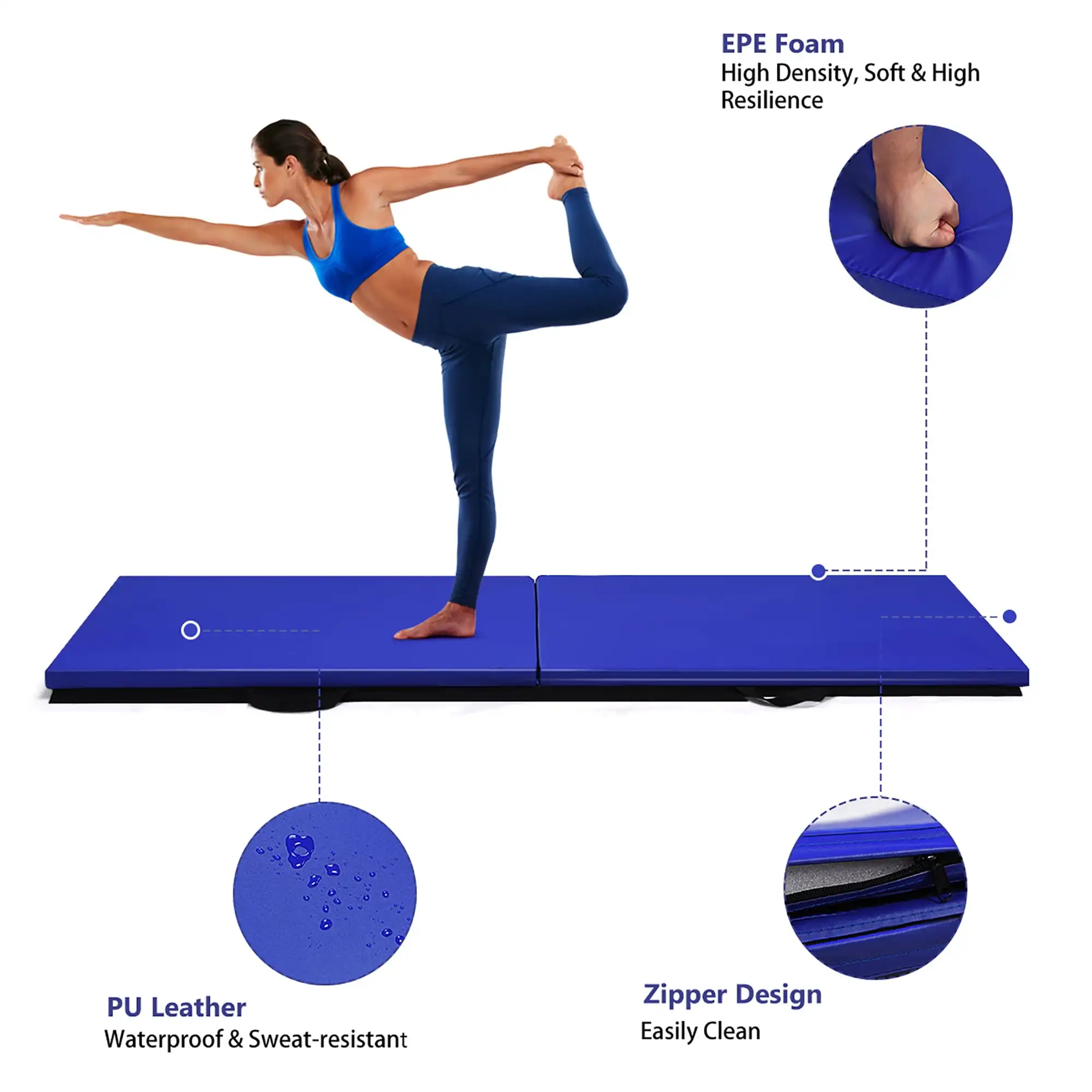 6'x2' Yoga Mat Folding Exercise Aerobics Stretch Gymnastic w/Handle Blue