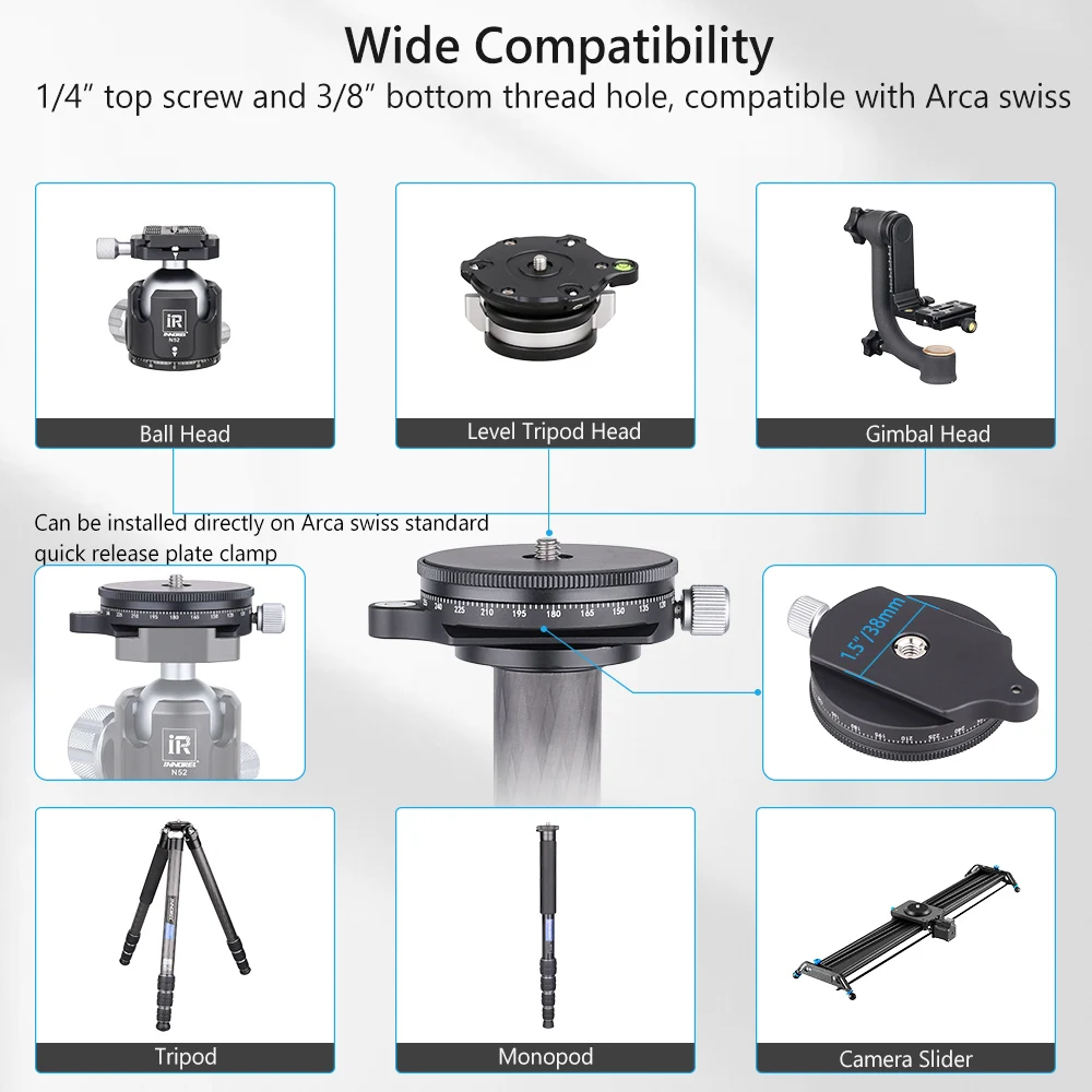VICELK CNC 알루미늄 360 ° 버블 레벨과 삼각대 모노포드 DSLR 카메라용 Arca 스위스 플레이트가 포함된 파노라마 팬 베이스 로드 10 KG