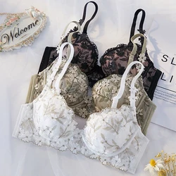 Wasteheart Women Fashion Lingerie Lace Ruffle Straps Bralette Soft Trim Padded Panties Push Up Wireless Bra Sets A B Embroidery