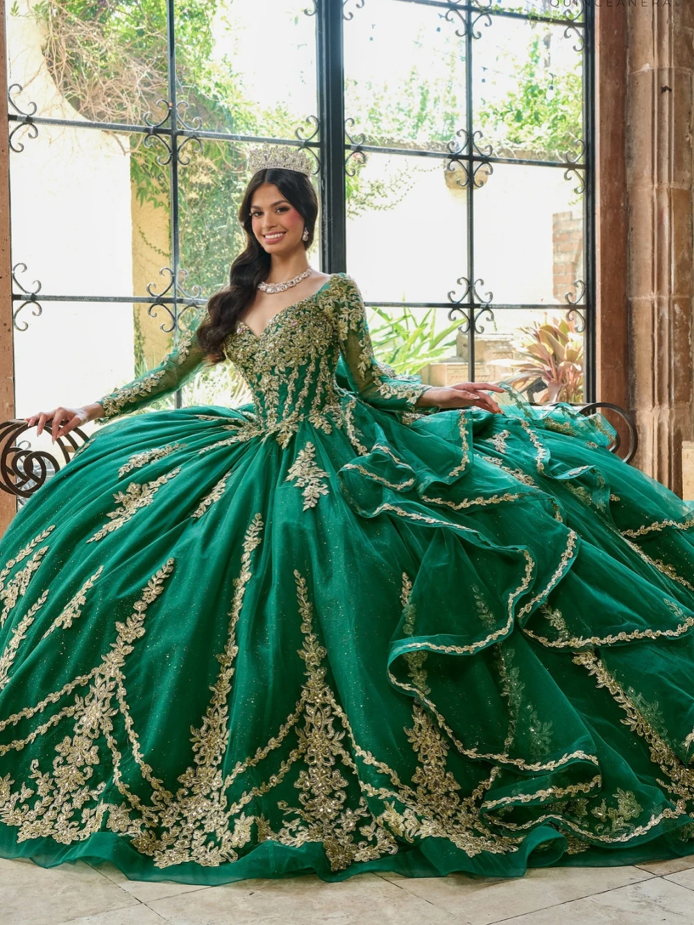 Šplhat flitry zlatý nášivky quinceanrra ples šaty odnímatelné rukáv kněžna dlouhé luxusní zelená sladké 16 šaty vestidos