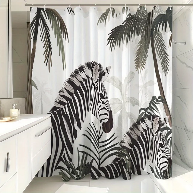Rideau de douche imprimé zèbre avec 12 crochets, décor de salle de bain en Polyester de haute qualité, facile à entretenir et Durable, séparateur de pièce élégant, 1 pièce 5