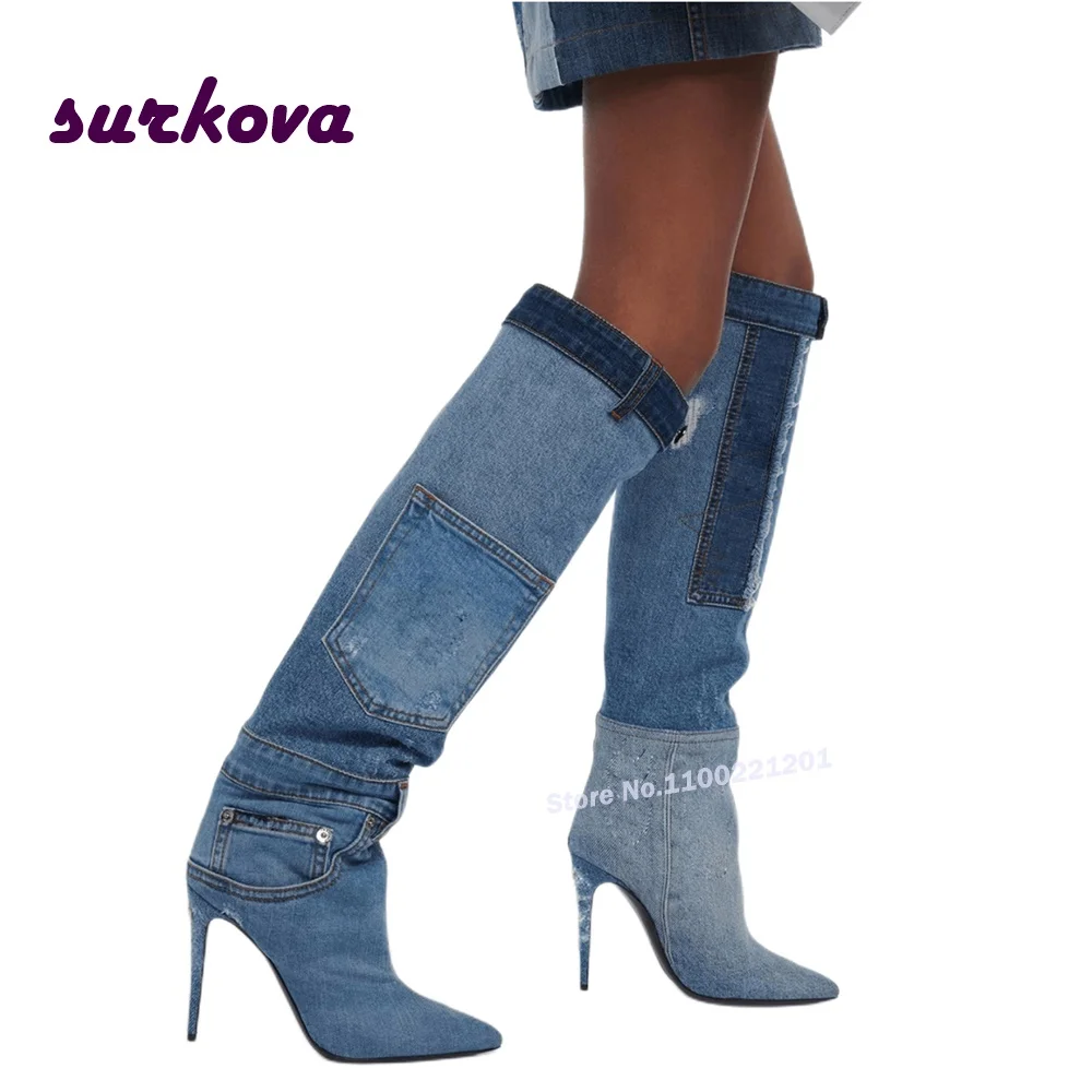 

High Heels Denim Blue Boots Pocket Design Pointed Toe Over The Knee Boots Stiletto Slip On Fringe Winter Shoes for Women Runway