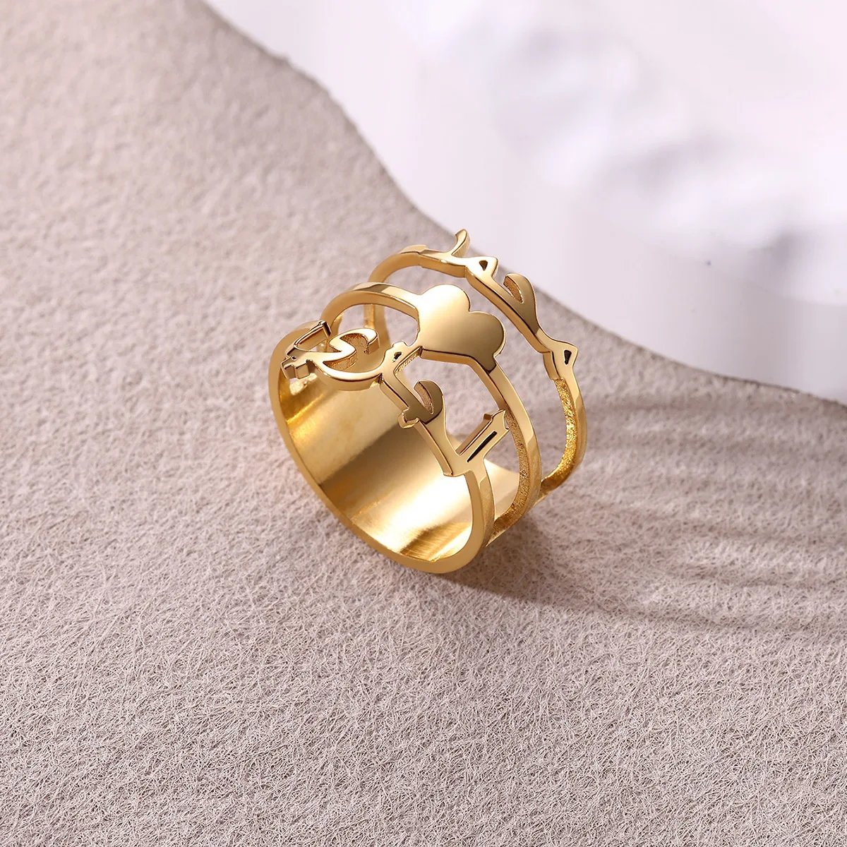 Custom Broad Surface Name Heart Rings Women Unisex Gold Colour Personalization 6-10 Size Wedding Bride Jewellery Stainless