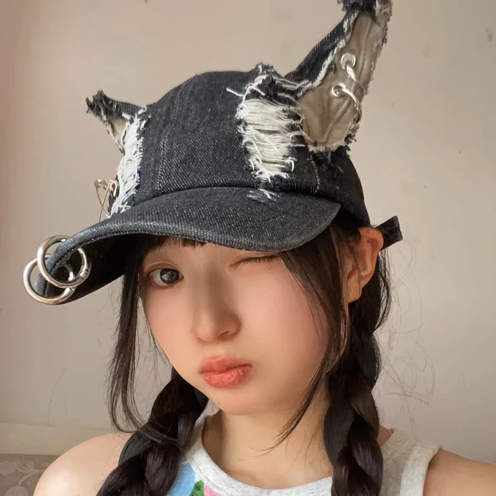 Punk Dobermann Dog Ears Washed Denim Baseball Cap Unisex Hip Hop Personality Retro Street Hat Halloween Accessories
