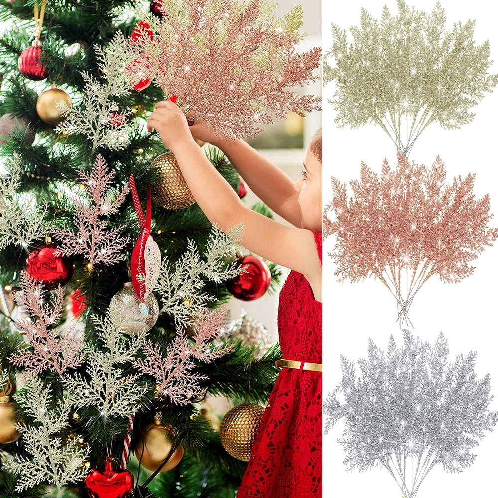 Yannew 10pcs Glitter Artificial Pine Leaves Stem Christmas Tree Picks Cedar  Spray for Xmas Garland Wreath Home Winter Decoration - AliExpress