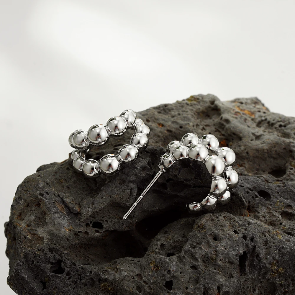 Double Layer Stainless Steel Beads C-shaped Hoop Earrings Anti Allergic Metal Mix Color Geometric Ear Huggie Punk Jewelry Brinco