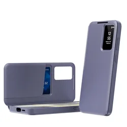 Minimalist Leather Wallet Card Holder with Flip Smart Display and Clear Window Cover - Galaxy S23 Ultra (PURPLE)