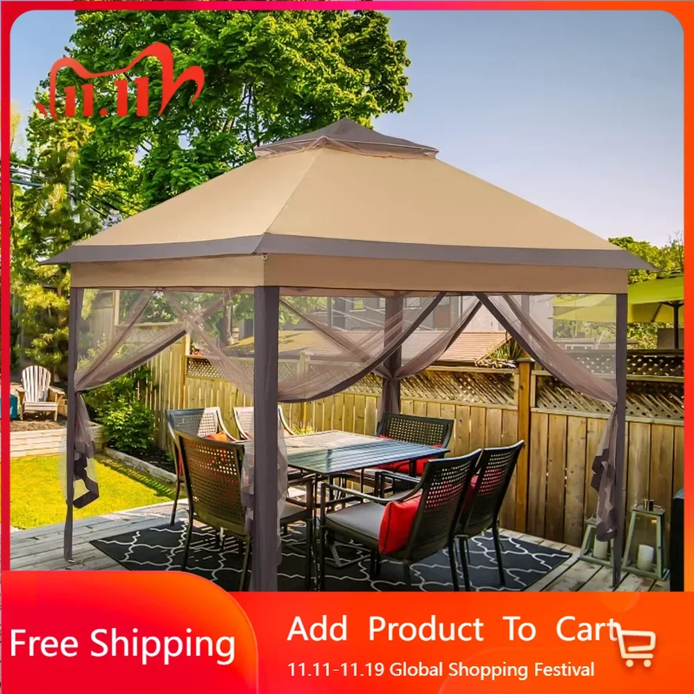 11'x11' Patio Gazebo 2-Tier Outdoor Pop-up Canopy Tent with Netting Sidewalls Brown, Gazebo is Suitable for Outdoor, Backyard