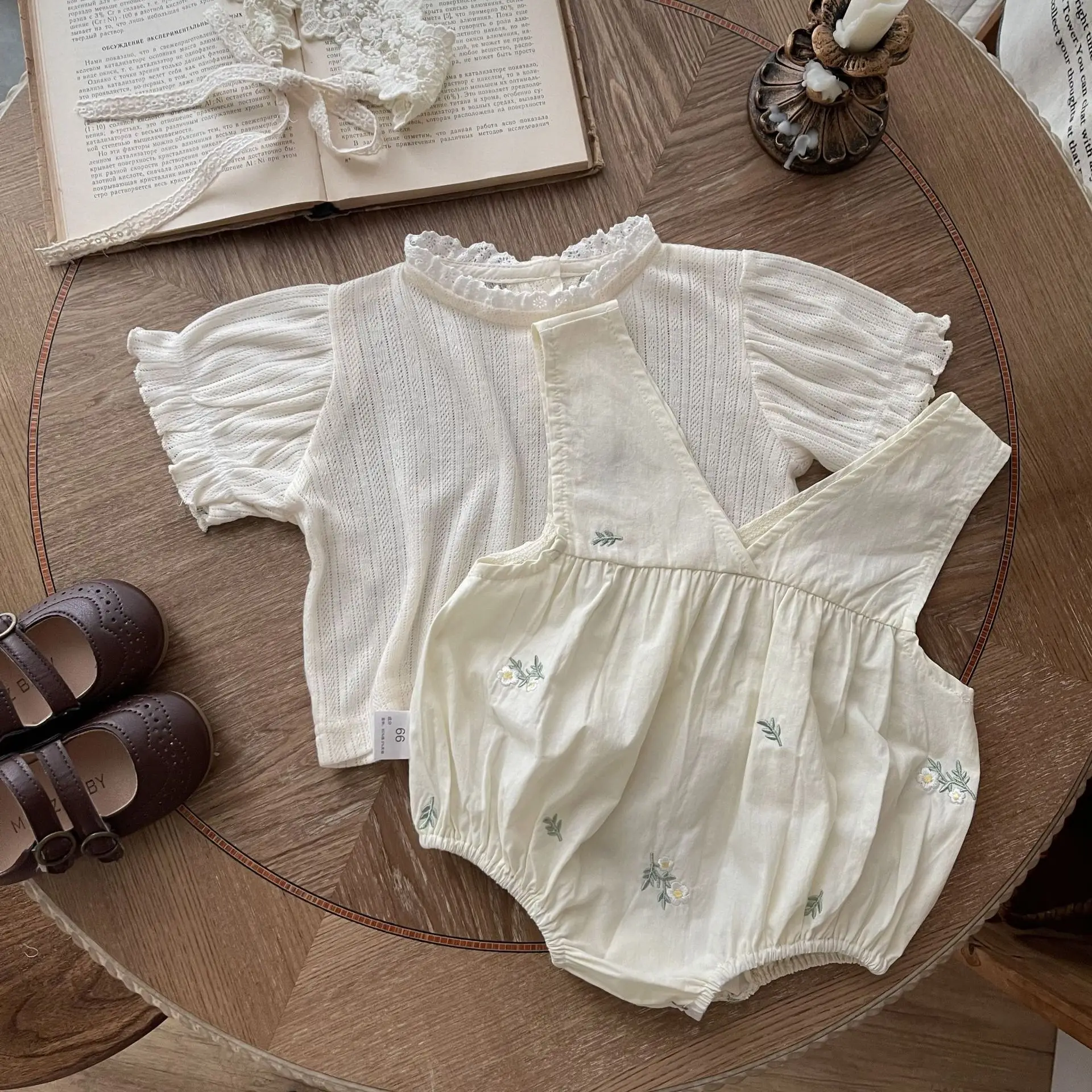 

Summer Baby Girl Clothes Infant Lace Hollow Out Bubble Short Sleeve TShirt Cotton Embroidery Flower Sleeveless Bodysuit Cute Set