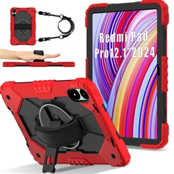 Kickstand Armor Case with 360° Rotation and Shoulder Strap for Redmi Pad Pro 2024 (Red - Black)