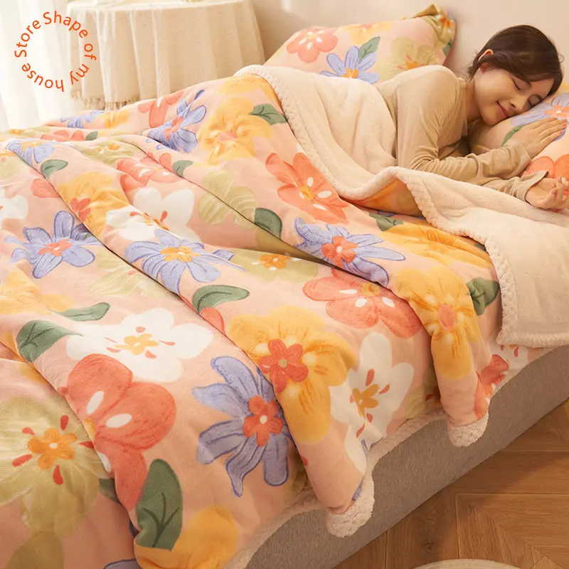 

Winter Blanket Plush Coral Flannel Blanket Double Layer Milk Flannel Summer Quilt Duvet Cover Luxury Queen Size Bedding Set