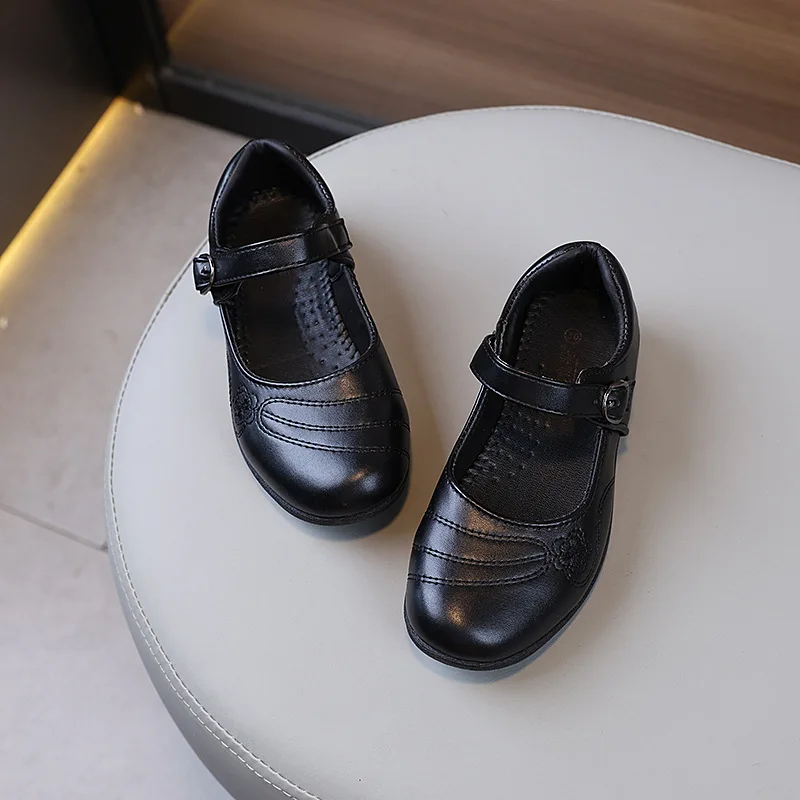 Girls Princess Leather Shoes School Versatile Children Uniform Flat Shoes Embroidered Performance