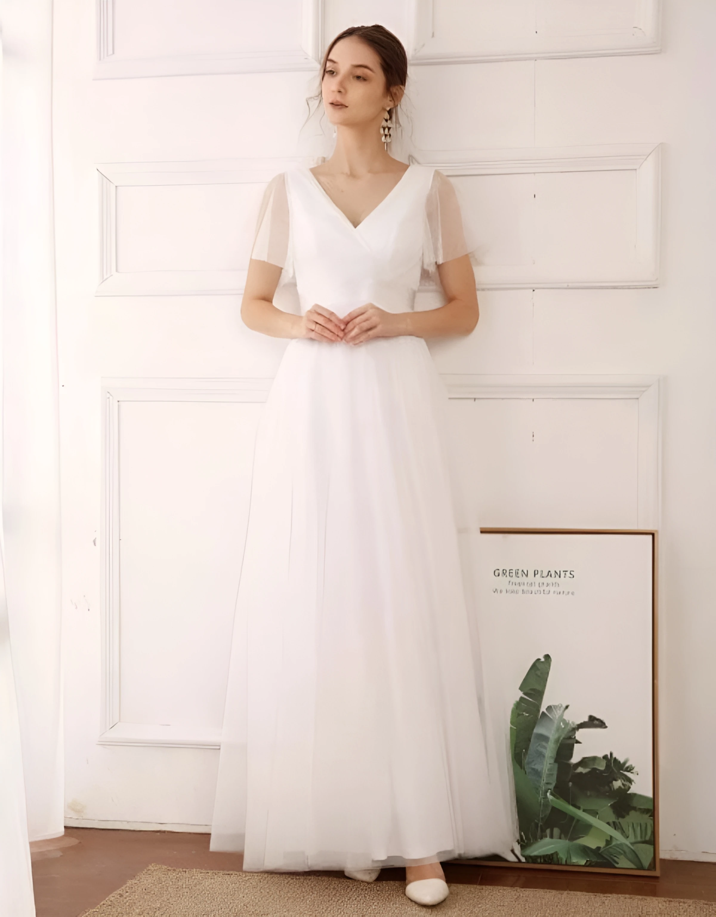 MisShow Elegant Wedding Dresses Ivory White Sexy V-Neck Backless Sheer Short Sleeve Bridal Gowns A-Line Maxi Womens Party Dress 6