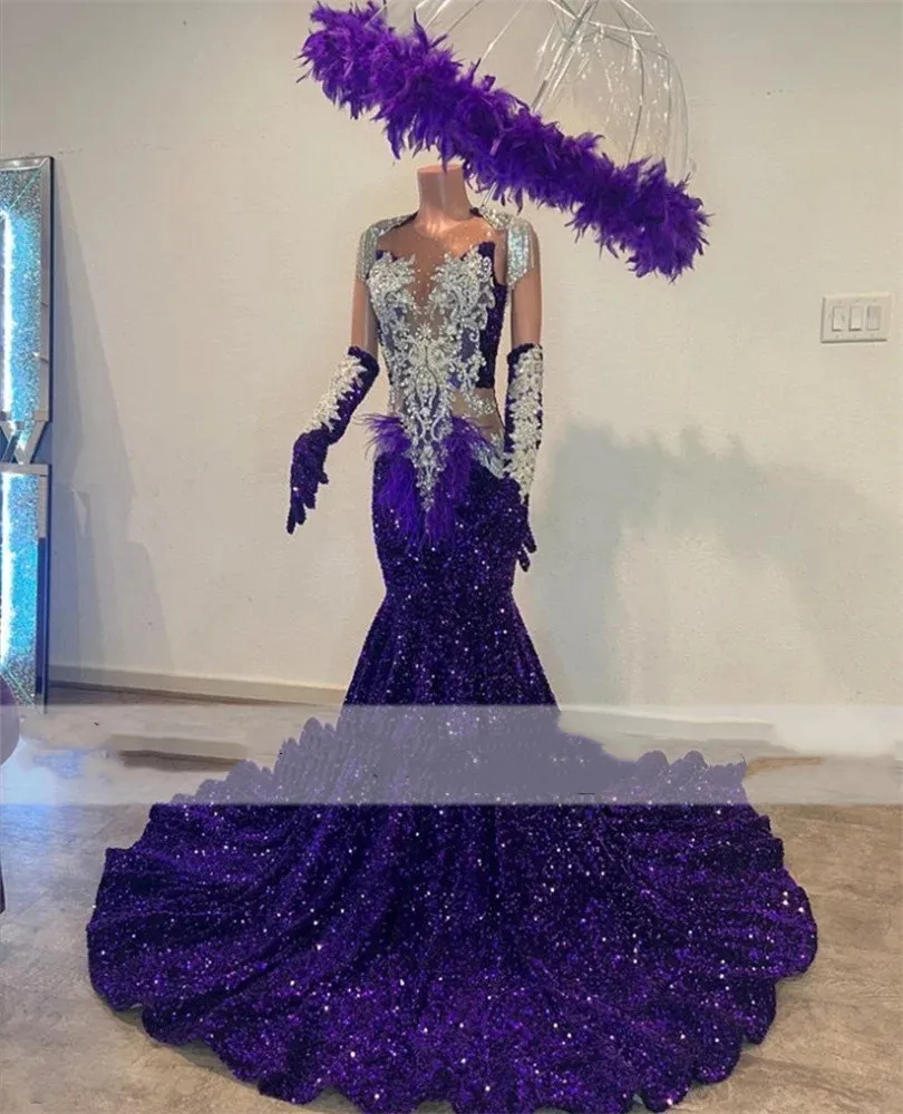 

Sexy Fantastic Mermaid Evening Dress O Neck New Crystal Sequed Party Gowns Robes De Soiree Sweep Train Mermaid Purple Prom Dress