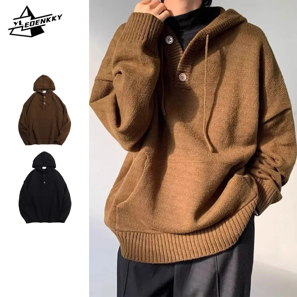 

Slouchystyle Sweater Men Women INS Baggy Hooded Knitwear Autumn Vintage Solid Color Simple Pullover Japanese Street Couple Coat