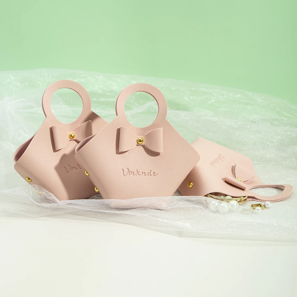 20/50/100Pcs Pink PU Leather Jewelry Bag 16x9x7cm Wedding Candy Chocolate Handbag with Bowknot Baby Shower Storage Basket Pouch
