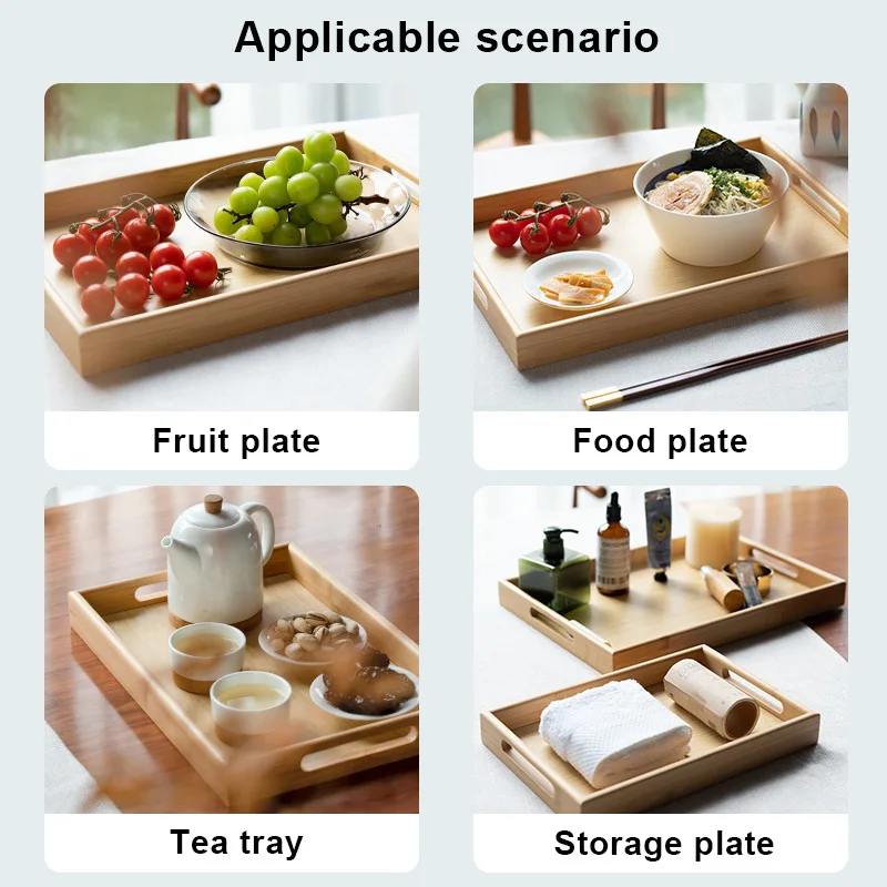 Rectangle Wide Bamboo Tray Storage Bin with Handles Tableware Teacup Holder for Serving Dinner Food Fruit Bread Dessert Tea set