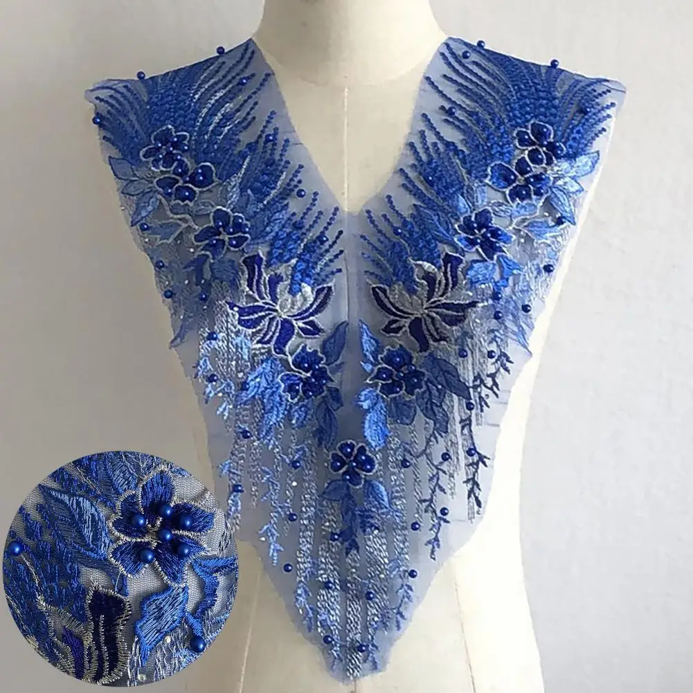 Beads Flower Embroidery Lace Collar Wedding Dress V Collar DIY Lace Flower Trim Patch Elegant Wedding Dress Patch Fabric