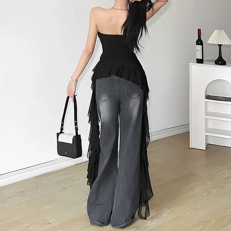 y2k Strapless Top Women Summer Solid Color Off Shoulder Sleeveless Asymmetrical Ruffle Hem Bandeau Vest Streetwear
