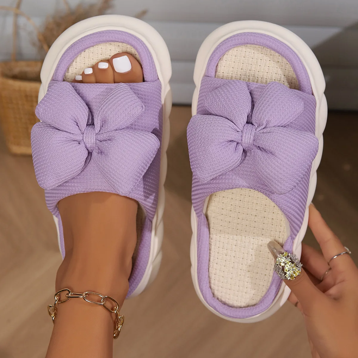 Fashion Bowknot Linen Home Slippers Women Thick Sole Non Slip House Cotton Shoes Woman Flat Heels Platform Indoor Slippers 2024 - Image 4