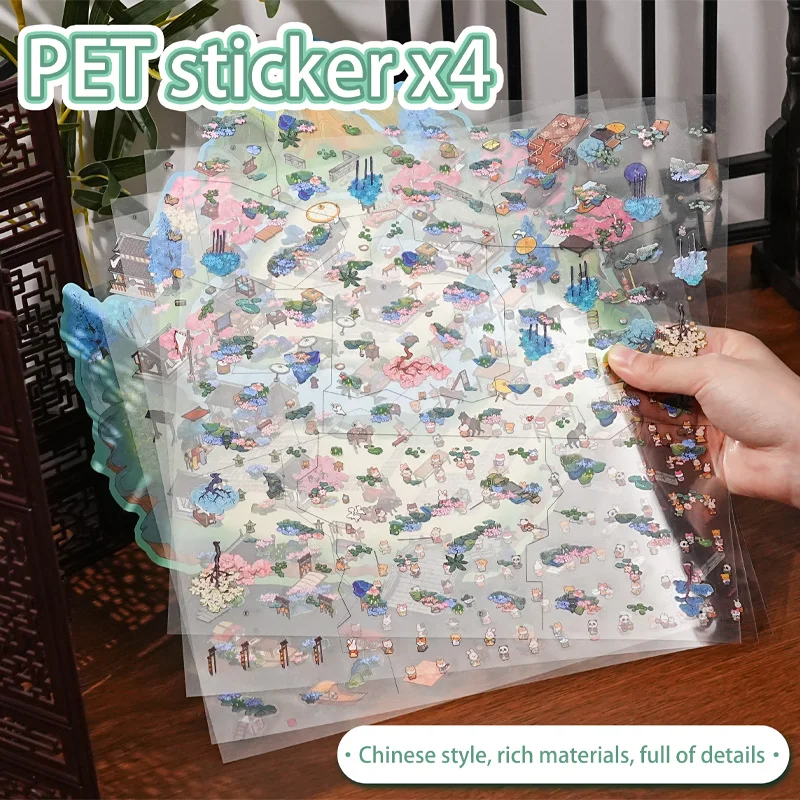 초대형 중국 스타일의 강 풍경 청명 풍경 장식 스티커, 창의적인 스트레스 해소 콜라주 스티커, 미니어처 장면 플래너 스티커