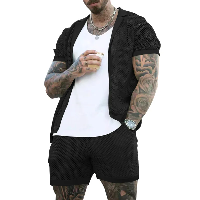 2025 Amazon Short-sleeved Shorts Suit for Men Cool Hole Cloth Lapel Cardigan Short-sleeved Suit for Men Summer Two-piece Set 3