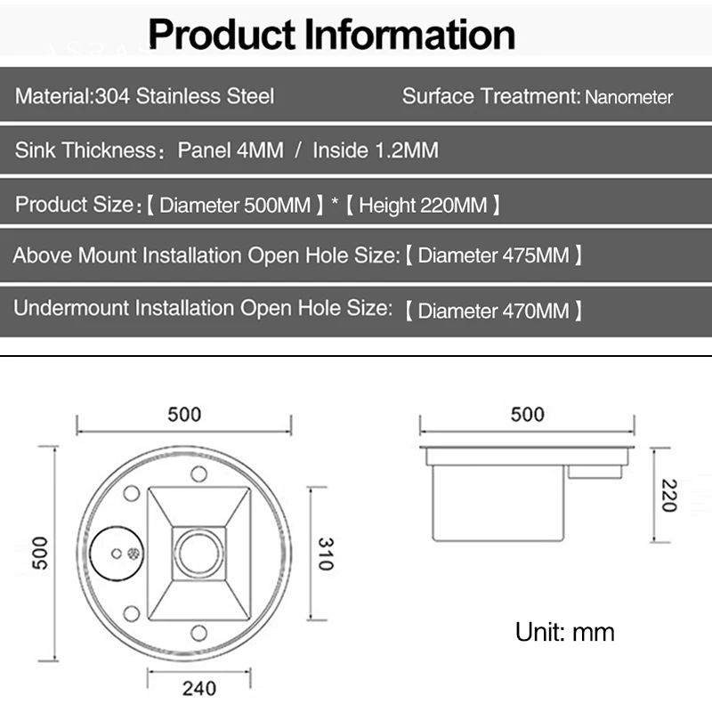 ASRAS Nanometer Hidden Circular Mini Kitchen Island Sink 304 Stainless Steel 4mm Thickness Handmade Sinks Cup Rinser Sinks 6