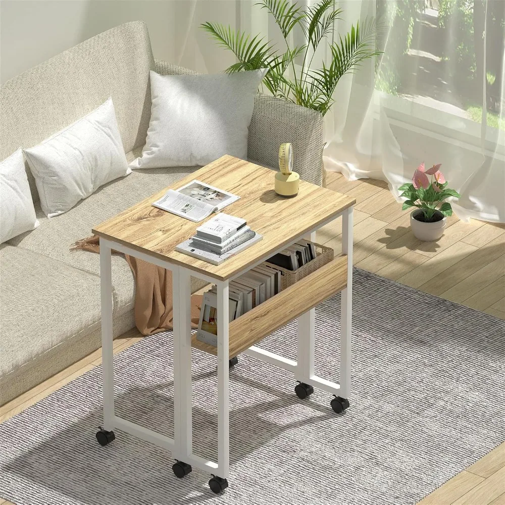 Folding Desk Small Rolling Desk with Storage Shelf,24.8 inch Foldable Computer Desk with Wheels for Small Space,Easy Assembly 2