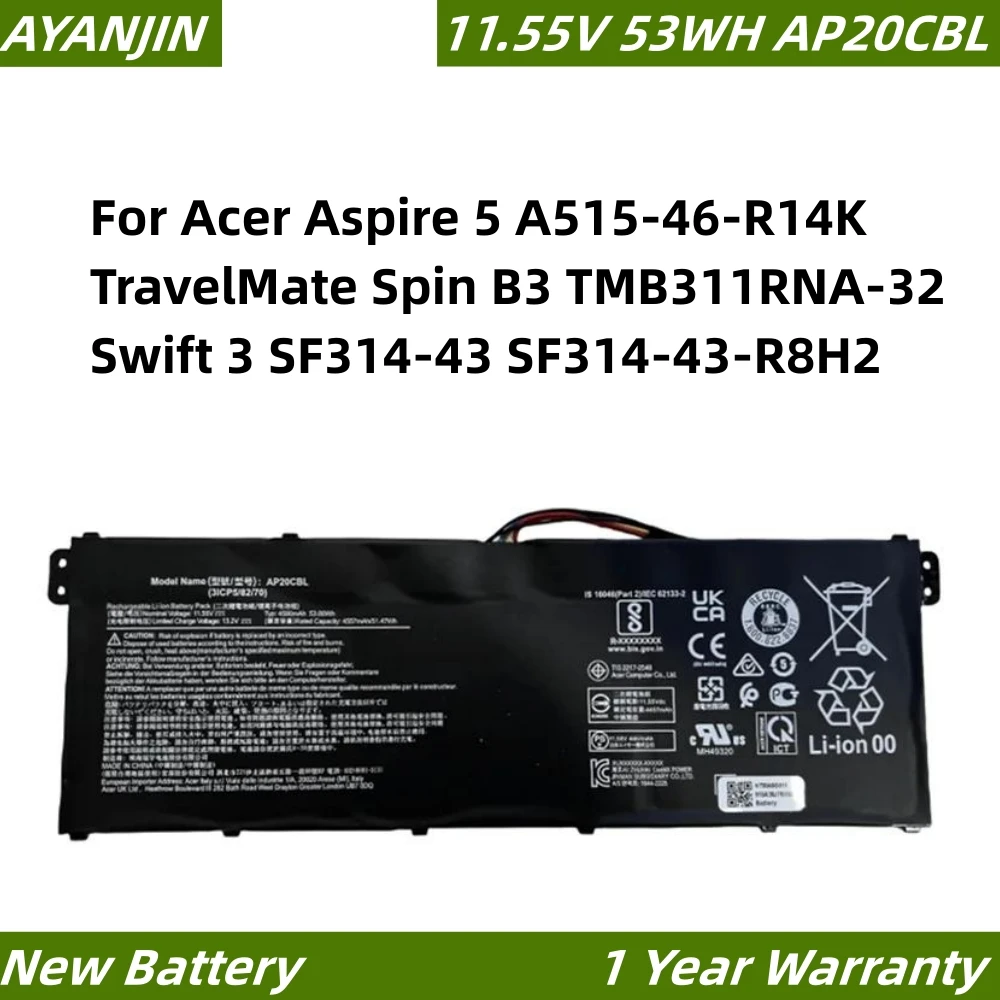

AP20CBL 11.55V 53WH Laptop Battery For Acer Aspire 5 A515-46-R14K TravelMate Spin B3 TMB311RNA-32 Swift 3 SF314-43 SF314-43-R8H2