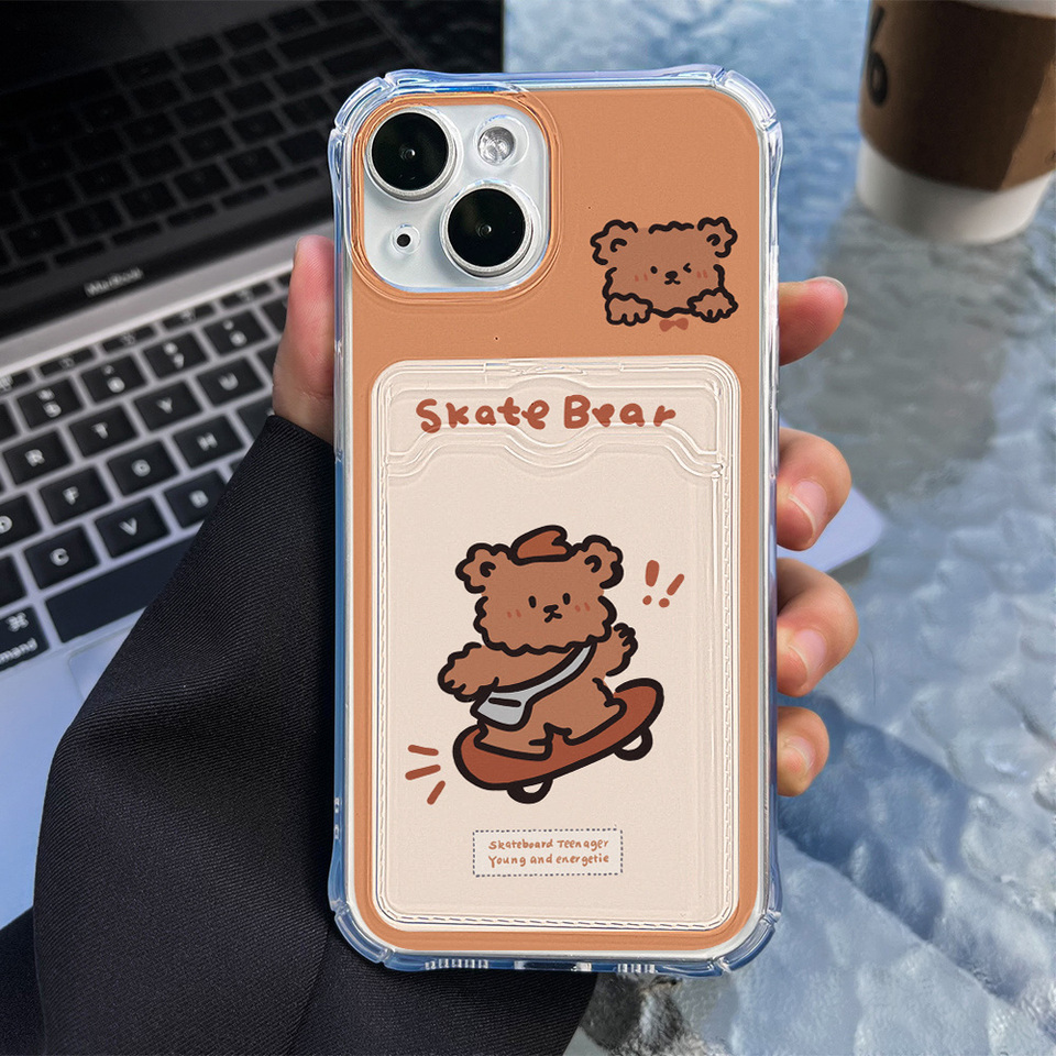 Cute Skate Bear Card Holder Phone Case For Samsung A55 5G A54 A53 A52 A35 A34 A33 A16 A15 A14 A32 A72 S24 Ultra S21 S23 FE Cover