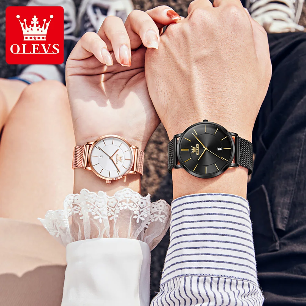 OLEVS Couple Watches Quartz Wrist Watches Ultra-thin Dial Waterproof Stainless Steel Mesh Belt Fashion Watch for Men Reloj Mujer