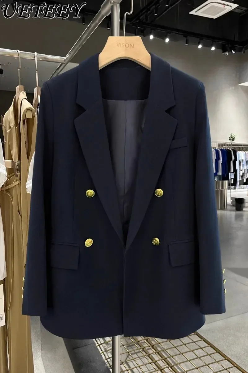 Ladies Autumn 2023 New Navy Blue High-End Casual Long Sleeve Suit Coat Women's Simple Commute All-Match Formal Suit Blazer
