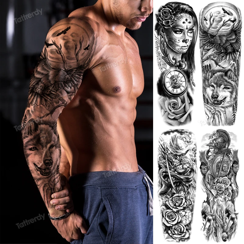 tattoo sticker men sleeve large temporary tattoos full arm body art adult tattoo sexy waterproof wolf lion compass custom