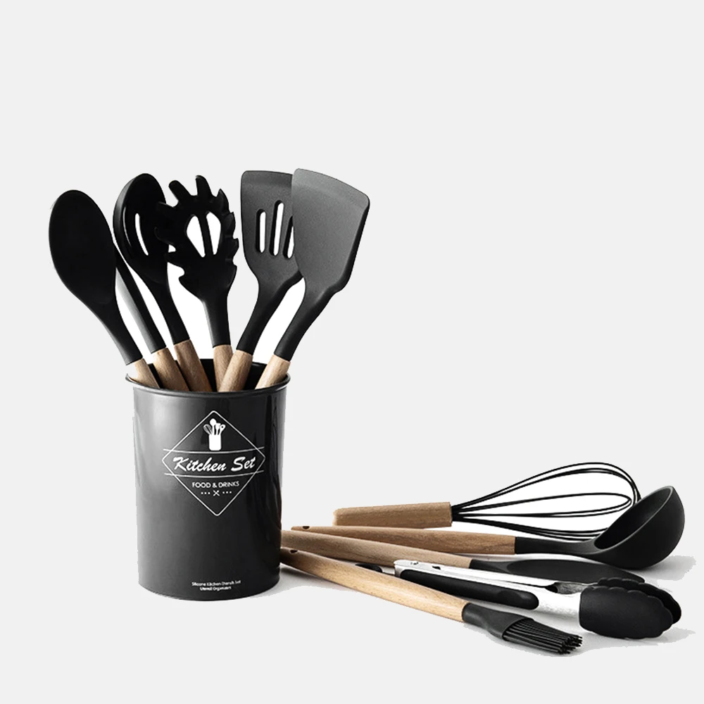 Black Silicone Cooking Utensils kitchen Accessories Set Tool Ladle Egg Beaters Shovel Cooking Non-stick Wooden Handle Spatula