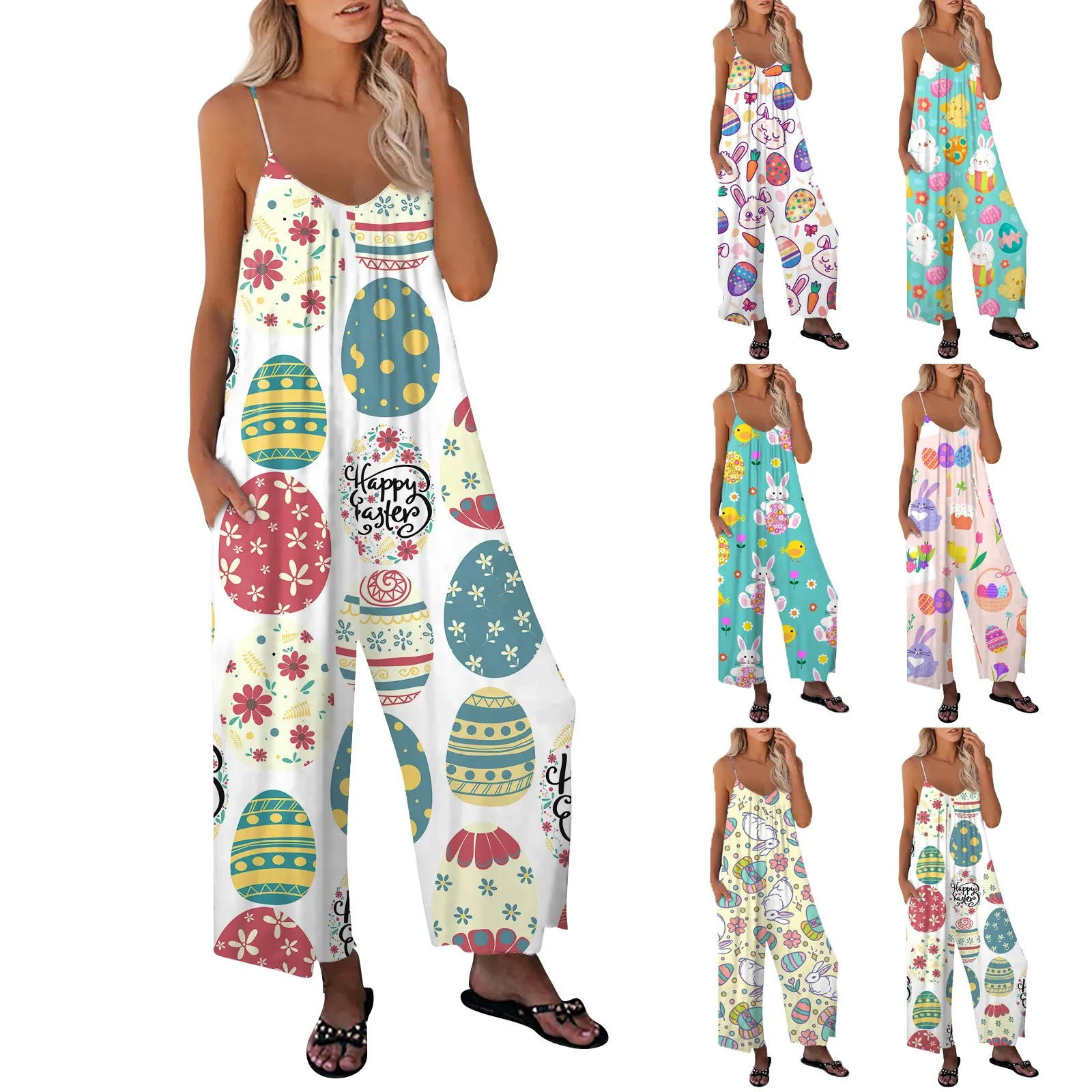 

2024 Summer New Easter Long Jumpsuit Women Overalls Fashion Print Jumpsuit Ladies Jump Suit Casual Loose Romper Overalls Women