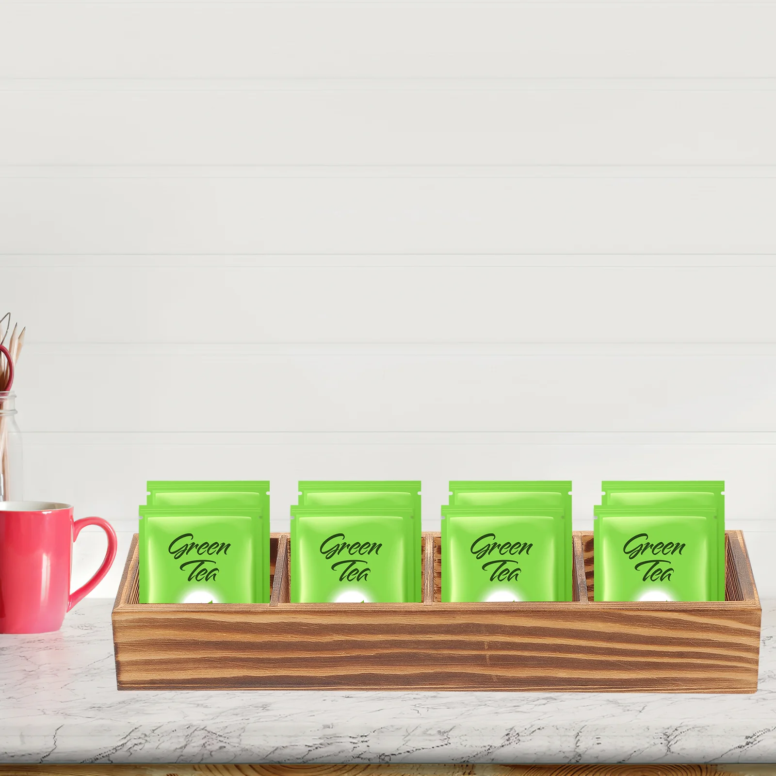 

Wooden Tea Bag Box Compartments Coffee Bag Holder Countertop Divided Storage Container Sugar Packet Holder Teabag Organizer Box