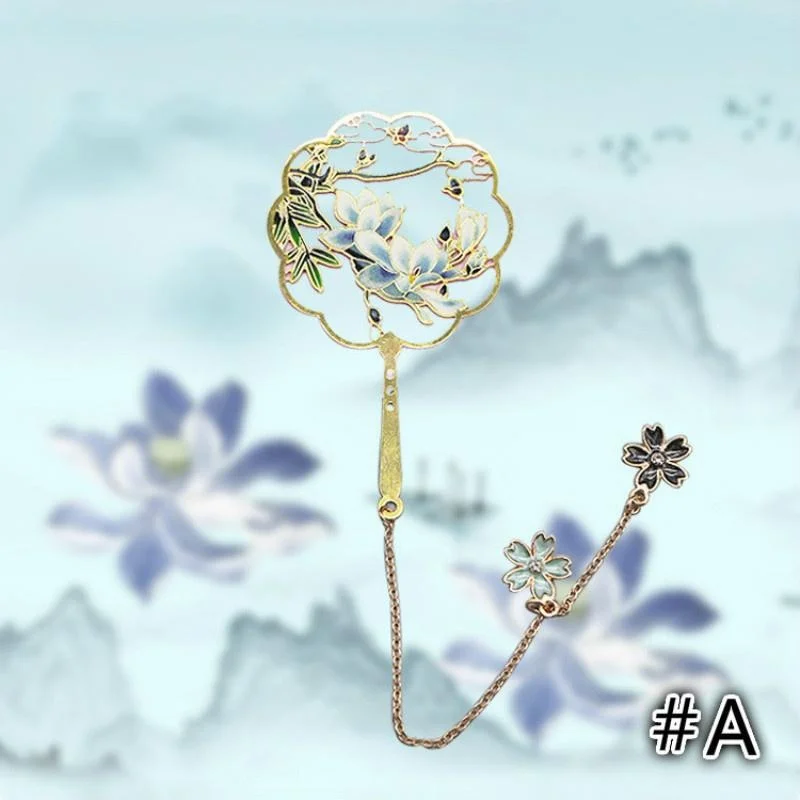 Metal Round Fan Bookmark Chinese Retro Color Drip Oil Tassel Round Fan Bookmark Student Supplies Retro Bookmark Gift